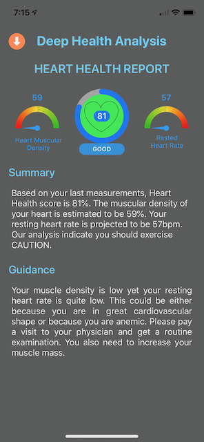 Deep Health® device interface that shows heart score and report