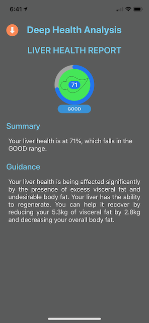 Deep Health® device interface that shows liver score and report