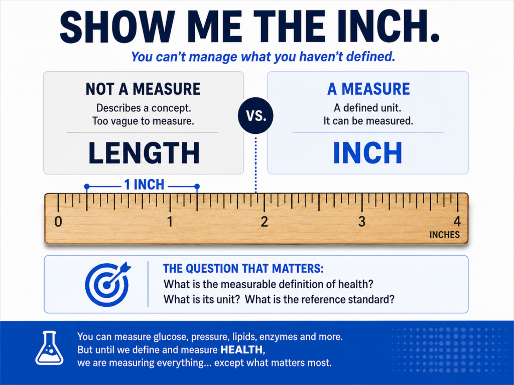 Show Me the Inch infographic comparing length with the inch as a defined unit and asking for a measurable unit of health.