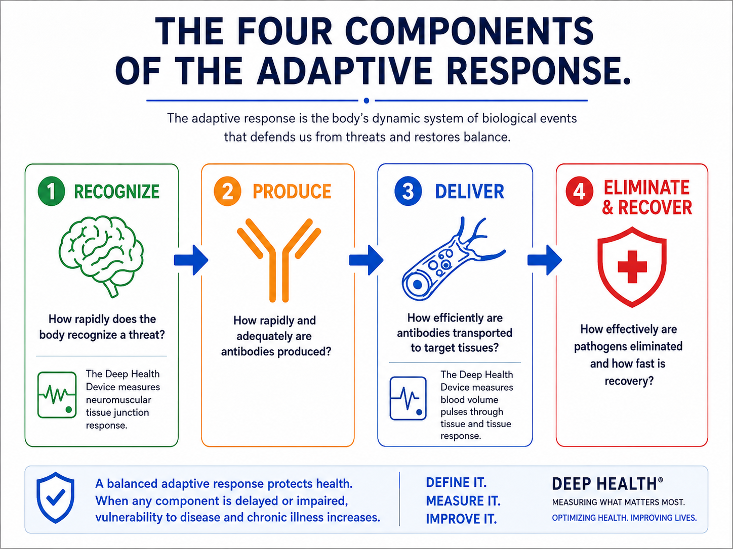 Four Components of the Adaptive Response infographic showing the sequence Recognize, Produce, Deliver, and Eliminate & Recover.