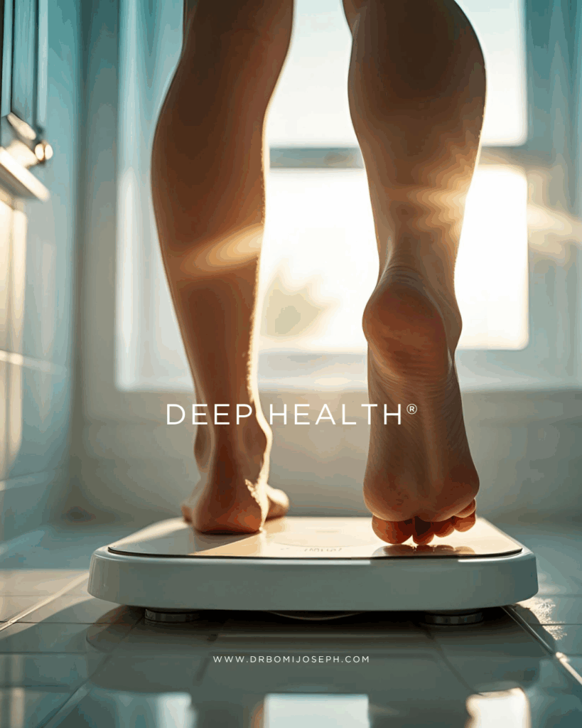 What Is Deep Health® and Why It Matters | Dr. Bomi Joseph 1 A picture of a person stepping on the Deep Health® Device to get their health measured