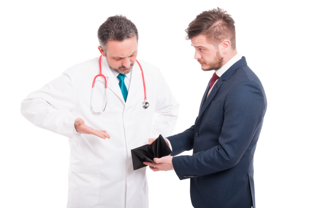 Exposing The Myth of the “Expert” Who Understands the Human Body 3 Photo of a doctor examining the empty wallet of a patient and complaining about the patient not able to pay him