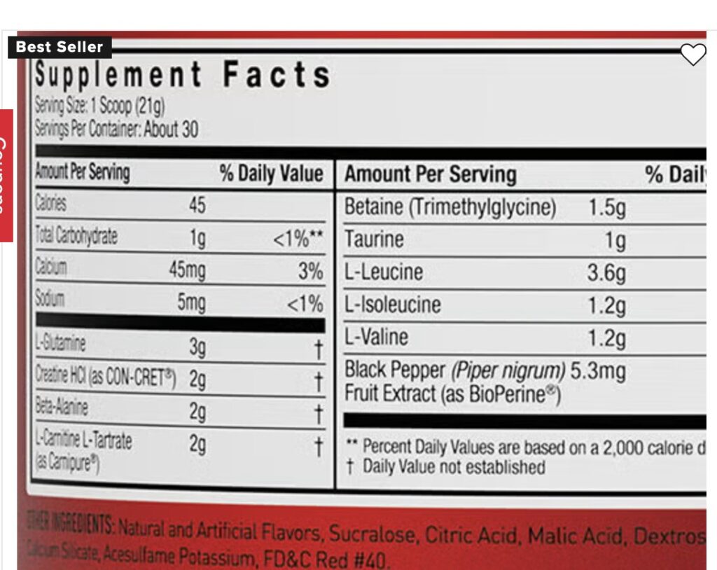 Ingredient label of Post Gym Protein Powder showing three essential amino acids with added betaine and creatine hydrochloride.