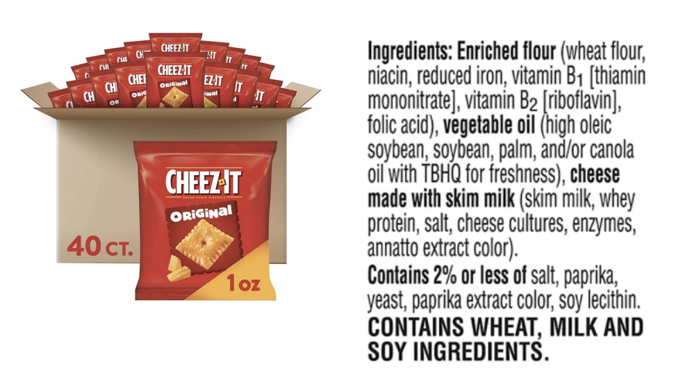 Cheez-It snack bag with label showing enriched flour, processed vegetable oils, additives, and cheese made with skim milk.
