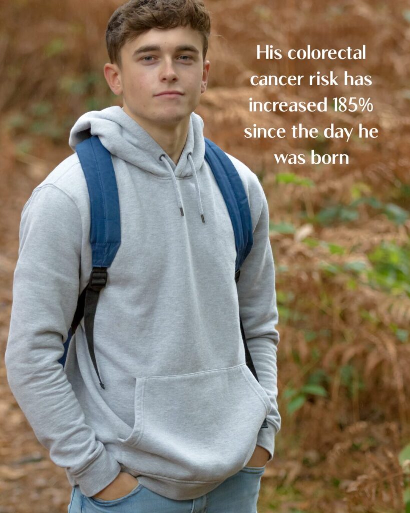 Serious 20-year-old male with overlay text: “His risk of colorectal cancer has increased 186% since the day he was born.”