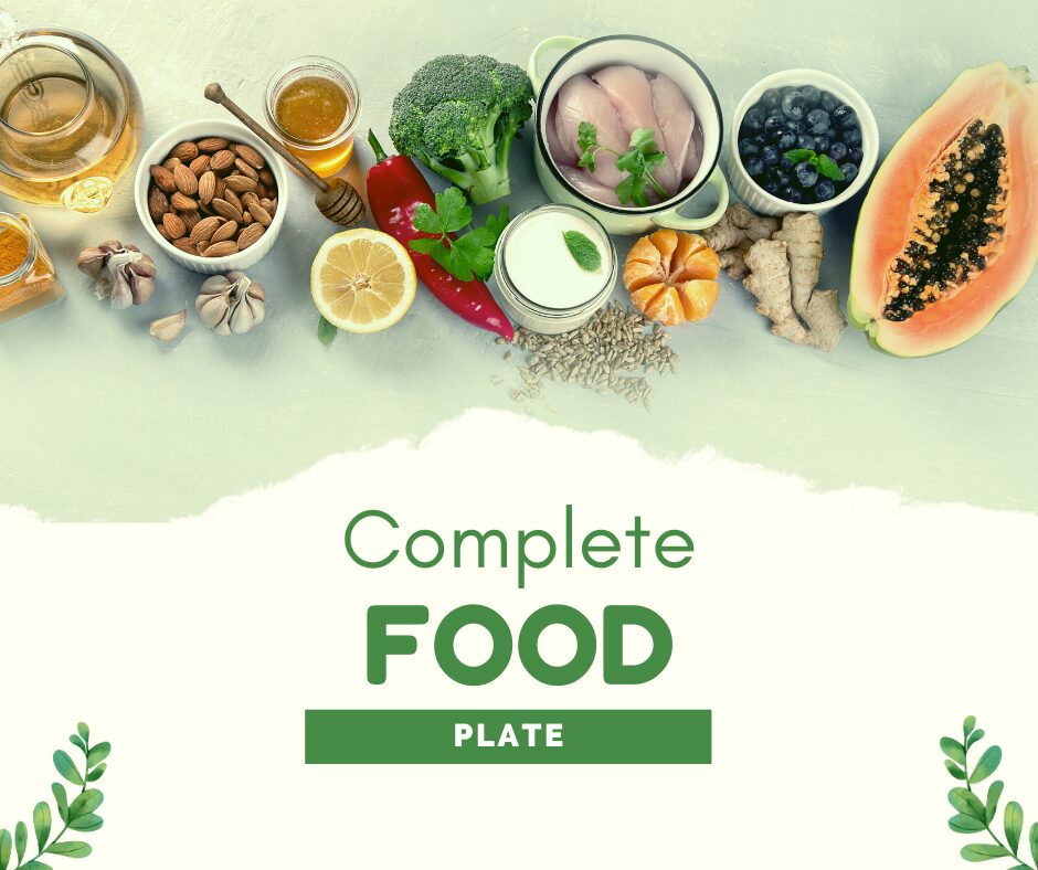 complete and healthy nutrition- a plate of complete and balanced meal with vegetables, whole grains, protein, and healthy fats.