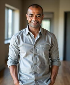 Dr. Bomi Joseph standing relaxed and smiling in his London office.
