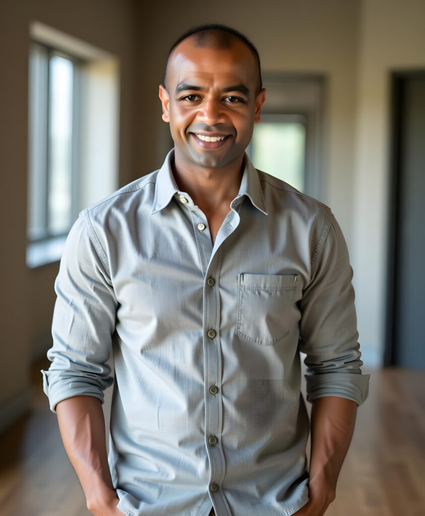 Dr. Bomi Joseph standing relaxed and smiling in his London office.