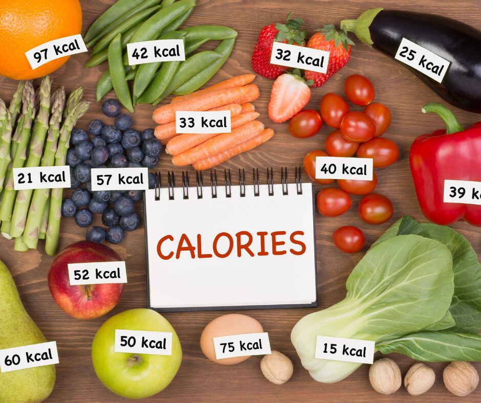 Fresh low-calorie vegetables with calorie counts displayed, illustrating the Rough It® principle of giving your gut a workout.
