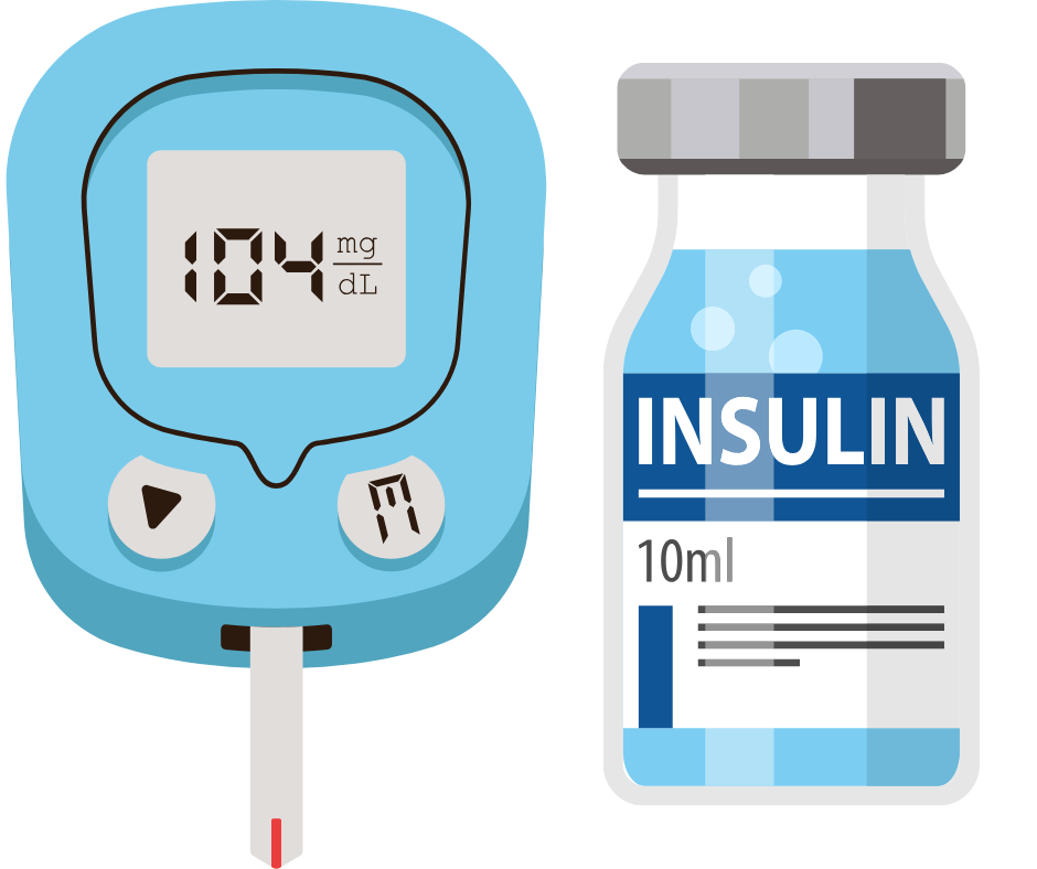Digital meter reading dL/ml with an insulin bottle, symbolizing the importance of keeping insulin levels low and steady.