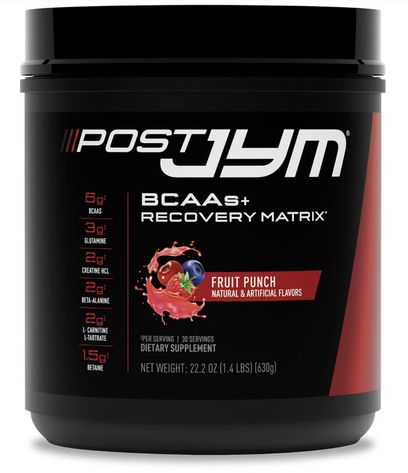 Post Gym Protein Powder container promoting performance with additives but only three essential amino acids.