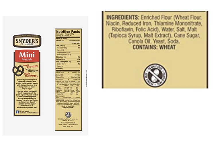 Snyder’s Mini Pretzel bag with label showing enriched flour, sugar, oil, salt, and yeast.