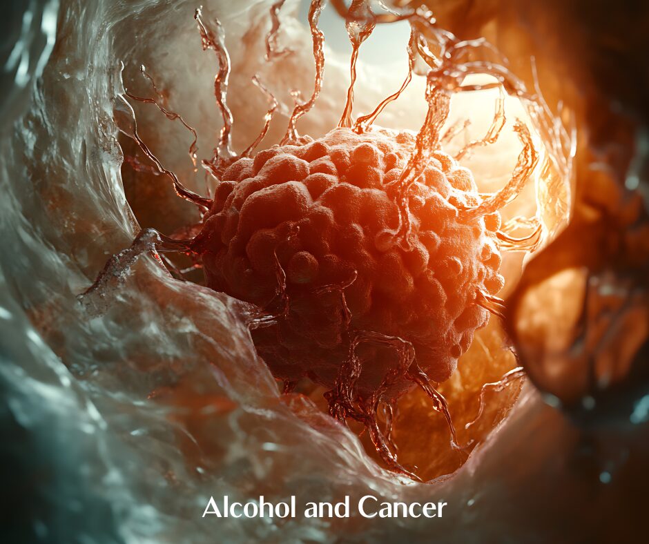 Microscopic image of cancer cells proliferating, representing the link between alcohol consumption and cancer risk.