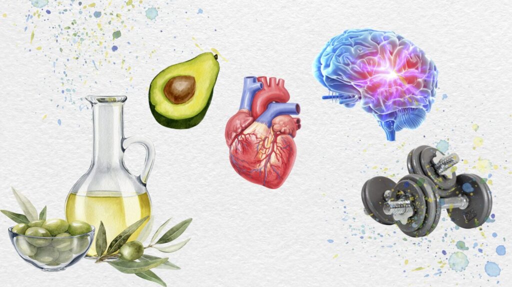 🧠 Fats & Lipids: The Truth About Good and Bad Fats 6 Illustration of healthy fats and lipids showing icons of an avocado, olive oil bottle, heart, brain, and dumbbell representing nutrition, heart health, mental clarity, and strength.