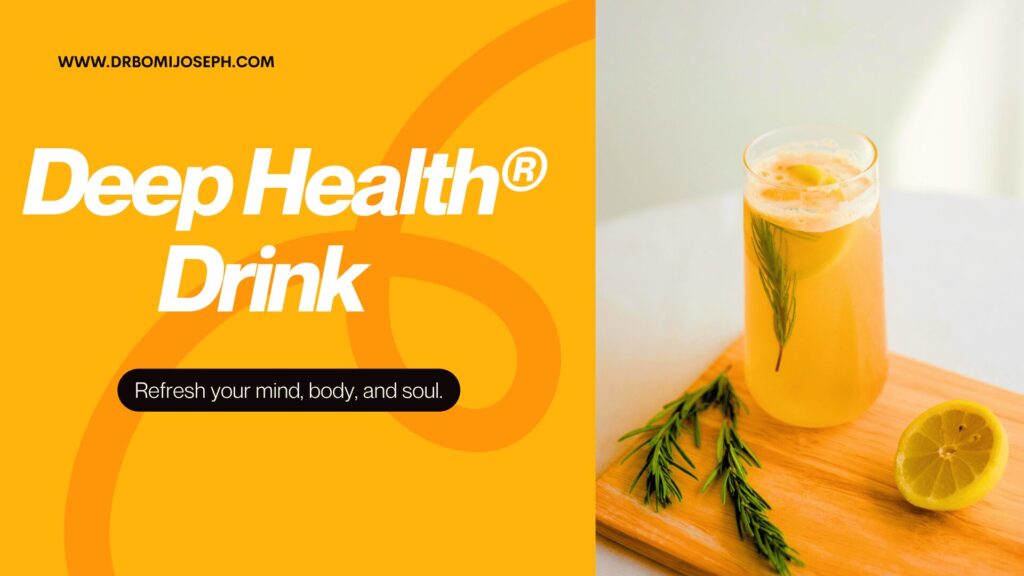How to Make the Bomi Bug Concentrate and Deep Health® Drink — The Most Potent Natural Probiotic You Can Create 2 A glass of Deep Health® Drink with lemon and rosemary on a wooden board.
