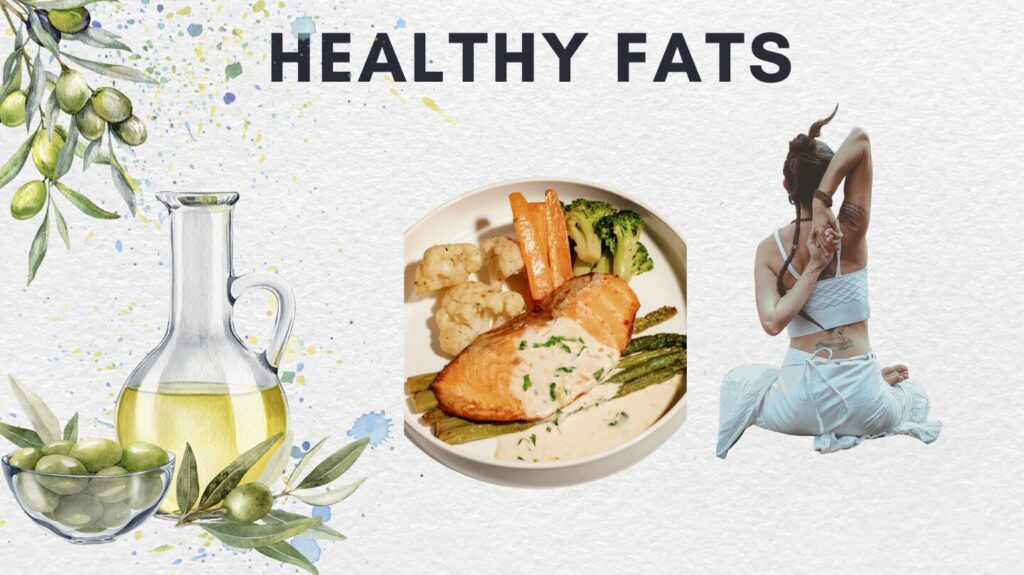 Photo collage showing olive oil drizzle, salmon fillet, green vegetables, and a yoga pose representing Deep Health through balanced nutrition, movement, and mindfulness.