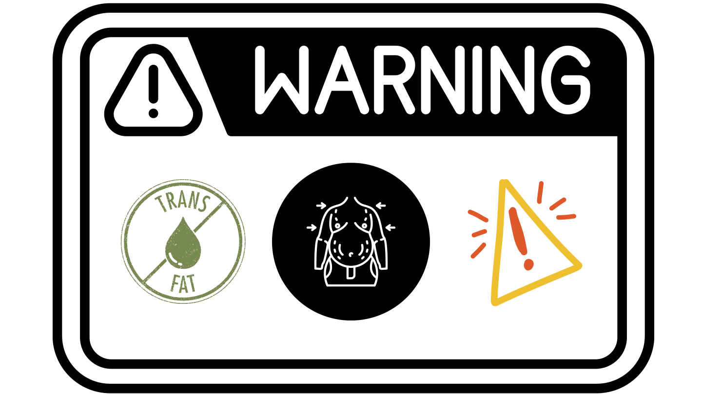 Graphic showing that trans fats are artificial hydrogenated oils, with red warning symbols emphasizing health risks