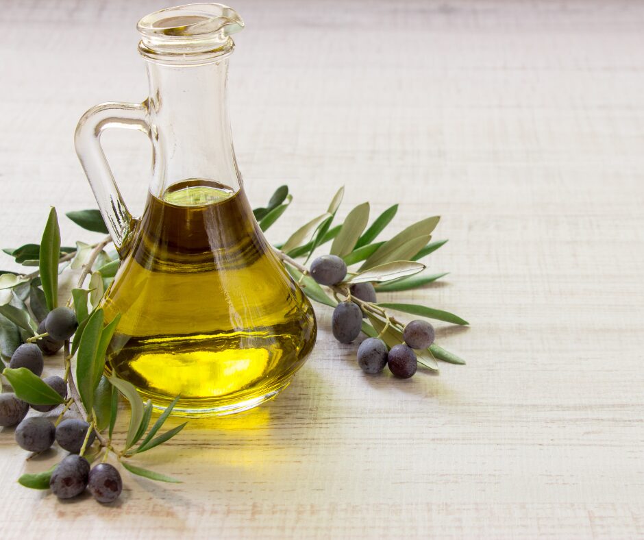 Bottle of olive oil representing unsaturated fats, which are liquid at room temperature and support heart and brain health.