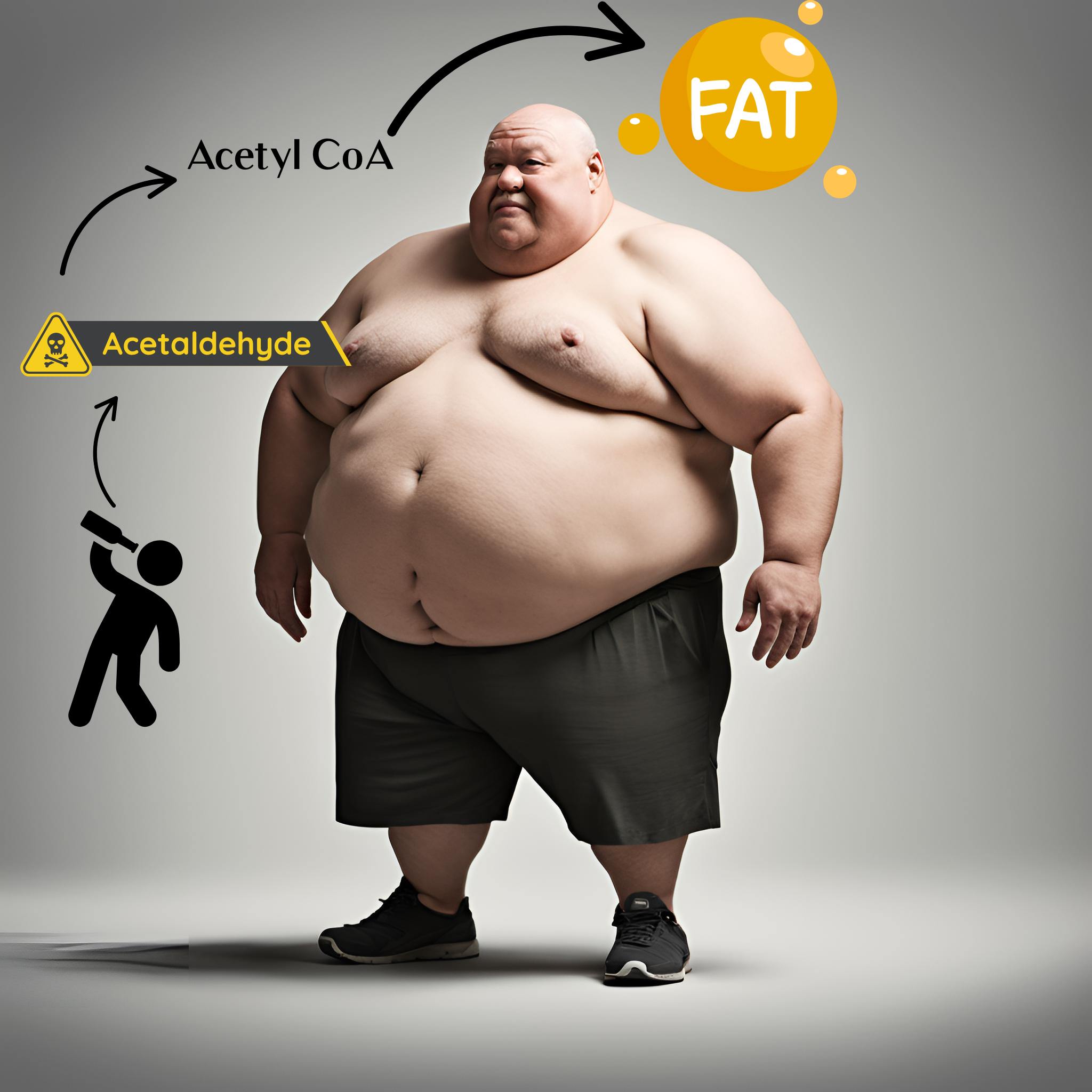 Diagram showing how alcohol turns into acetaldehyde and acetyl-CoA, leading to fat accumulation.