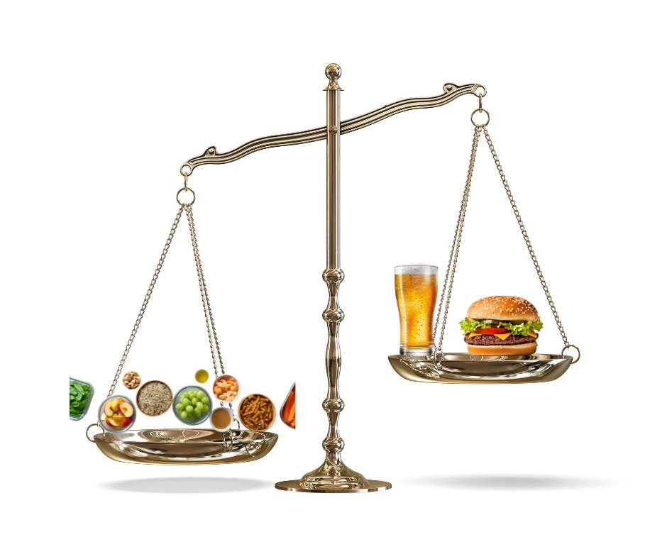 A balanced scale comparing whole foods on one side and beer with a burger on the other, showing the imbalance caused by modern diets.