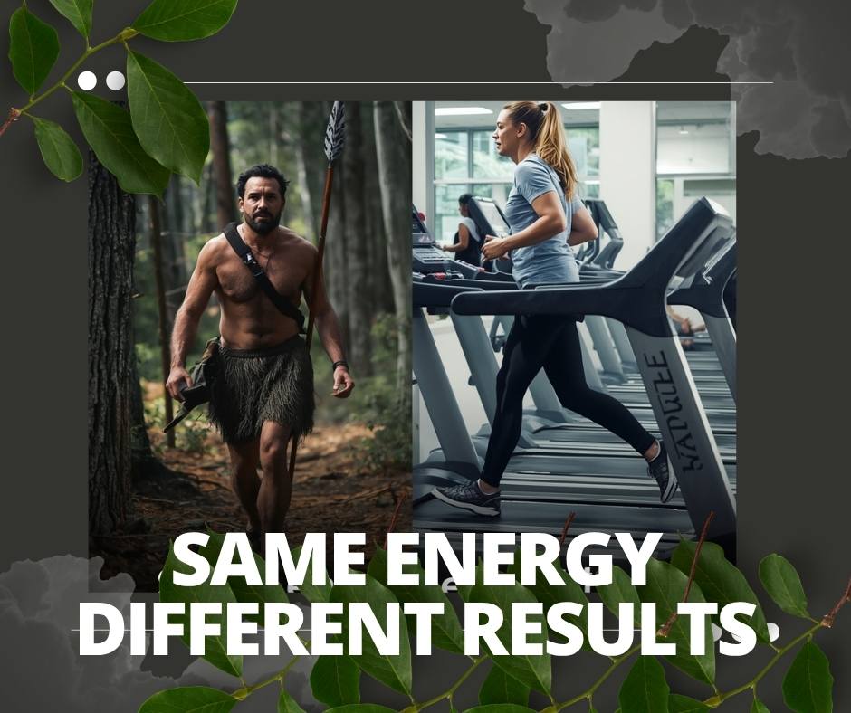 A hunter-gatherer and a modern woman on a treadmill side by side, illustrating that both expend similar energy but have different health outcomes.