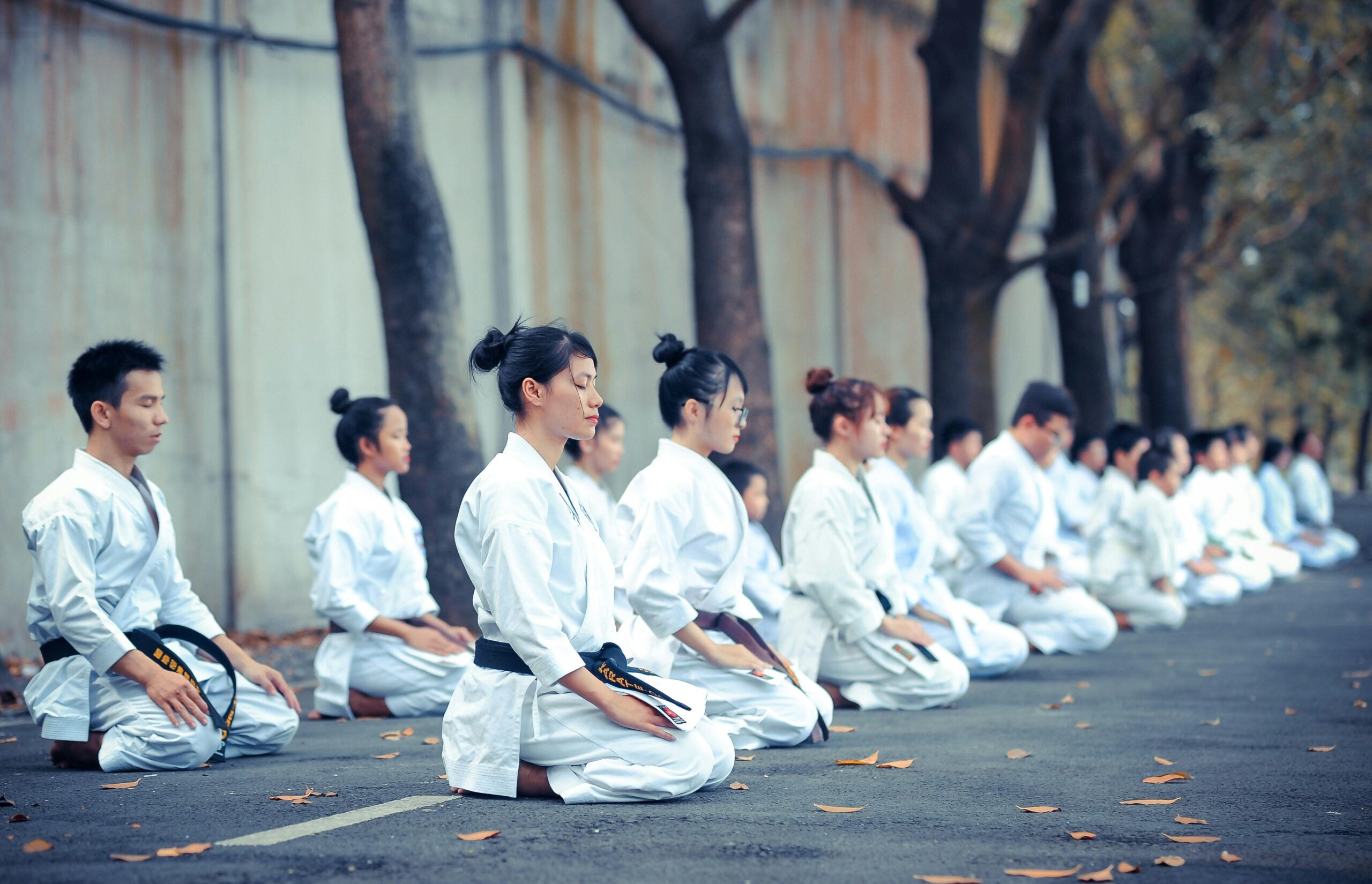 Group of martial artists, representing discipline, practicing meditation and focus outdoors, dressed in traditional gis.