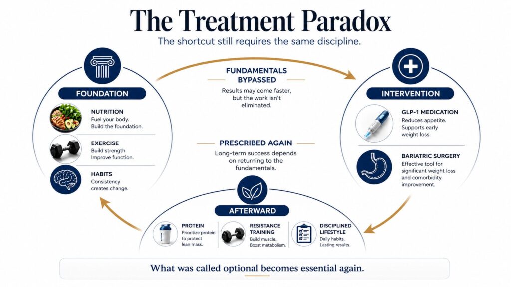 Treatment Paradox Infographic showing nutrition, exercise and habits as the foundation of health, followed by GLP-1 medication or bariatric surgery, and a return to protein, resistance training and disciplined lifestyle.