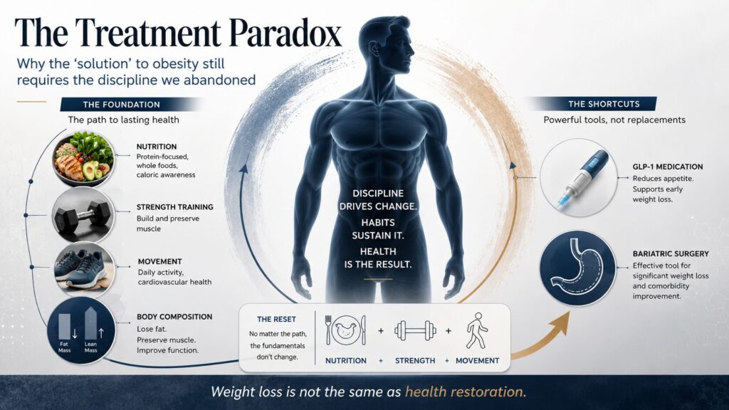 Infographic showing nutrition, strength training and movement as the foundations of health, while GLP-1 medication and bariatric surgery still require those same habits.