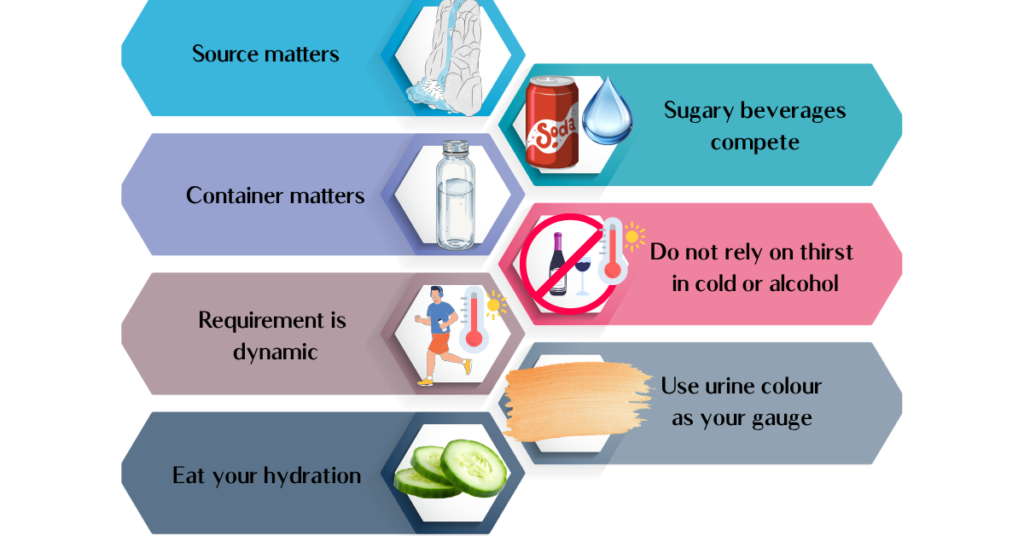 Seven-point summary infographic titled Practical Principles for Intelligent Hydration, covering water source quality and TDS thresholds, chemically inert container choice, dynamic daily intake requirements, food-matrix hydration from whole foods, osmotic competition from sugary beverages, suppressed thirst in cold and alcohol contexts, and urine colour as a hydration proxy