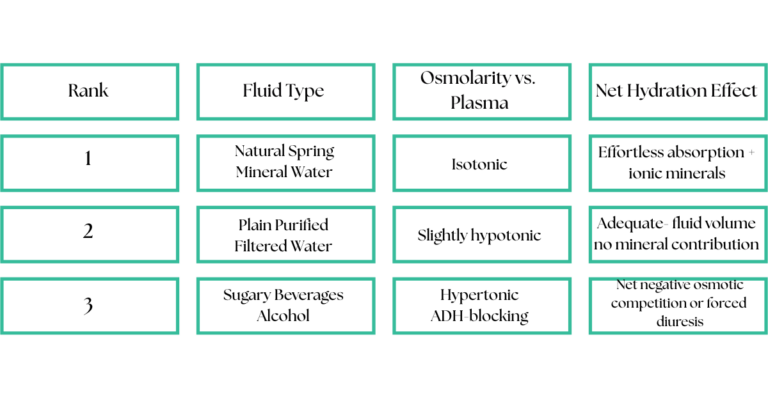 Three-tier hydration hierarchy table ranking fluid types by net physiological effect: natural spring and mineral water (isotonic, optimal absorption with ionic minerals), plain purified water (slightly hypotonic, adequate but mineralogically inert), and sugary beverages or alcohol (hypertonic or ADH-blocking, net negative hydration effect)