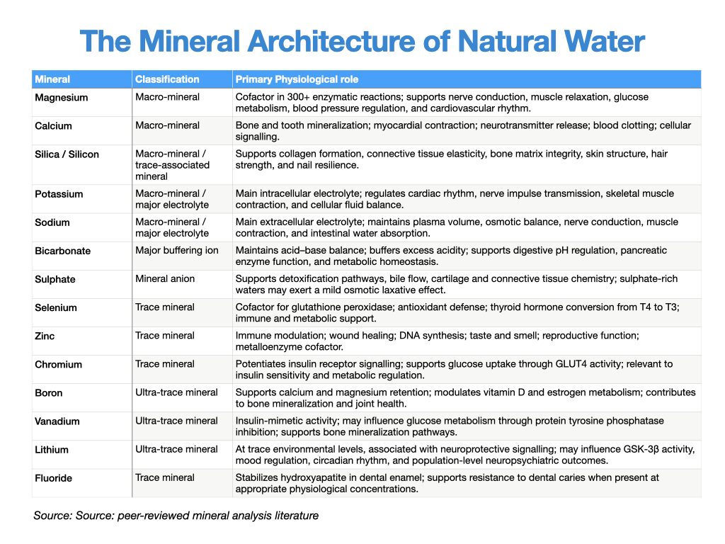 Data table listing dissolved minerals found in natural spring and aquifer water, including magnesium, calcium, silica, selenium, chromium, boron, and trace lithium, with their physiological roles in cardiovascular function, bone health, collagen synthesis, thyroid metabolism, and neurological wellbeing