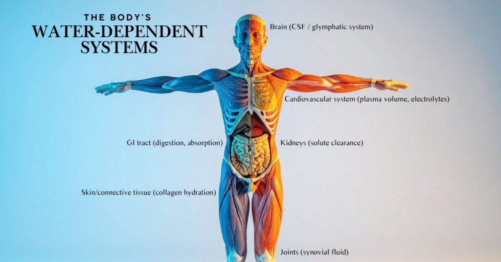 Anatomical diagram of the human body showing water-dependent organ systems including the brain and cerebrospinal fluid, synovial fluid in joints, renal solute clearance, cardiovascular plasma volume, gastrointestinal absorption, and dermal collagen hydration