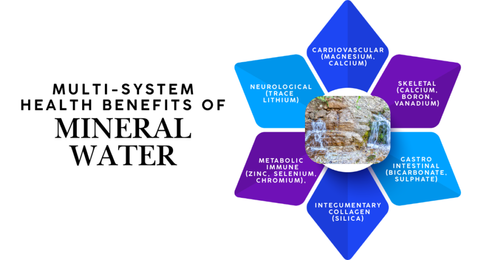 Hub-and-spoke infographic showing the evidence-based health benefits of mineral-rich natural spring water across six physiological systems: cardiovascular (magnesium and calcium for blood pressure), skeletal (ionic calcium and boron for bone density), gastrointestinal (bicarbonate buffering), skin and collagen (silica cross-linking), metabolic and immune competence (zinc, selenium, chromium), and neurological wellbeing (trace lithium)