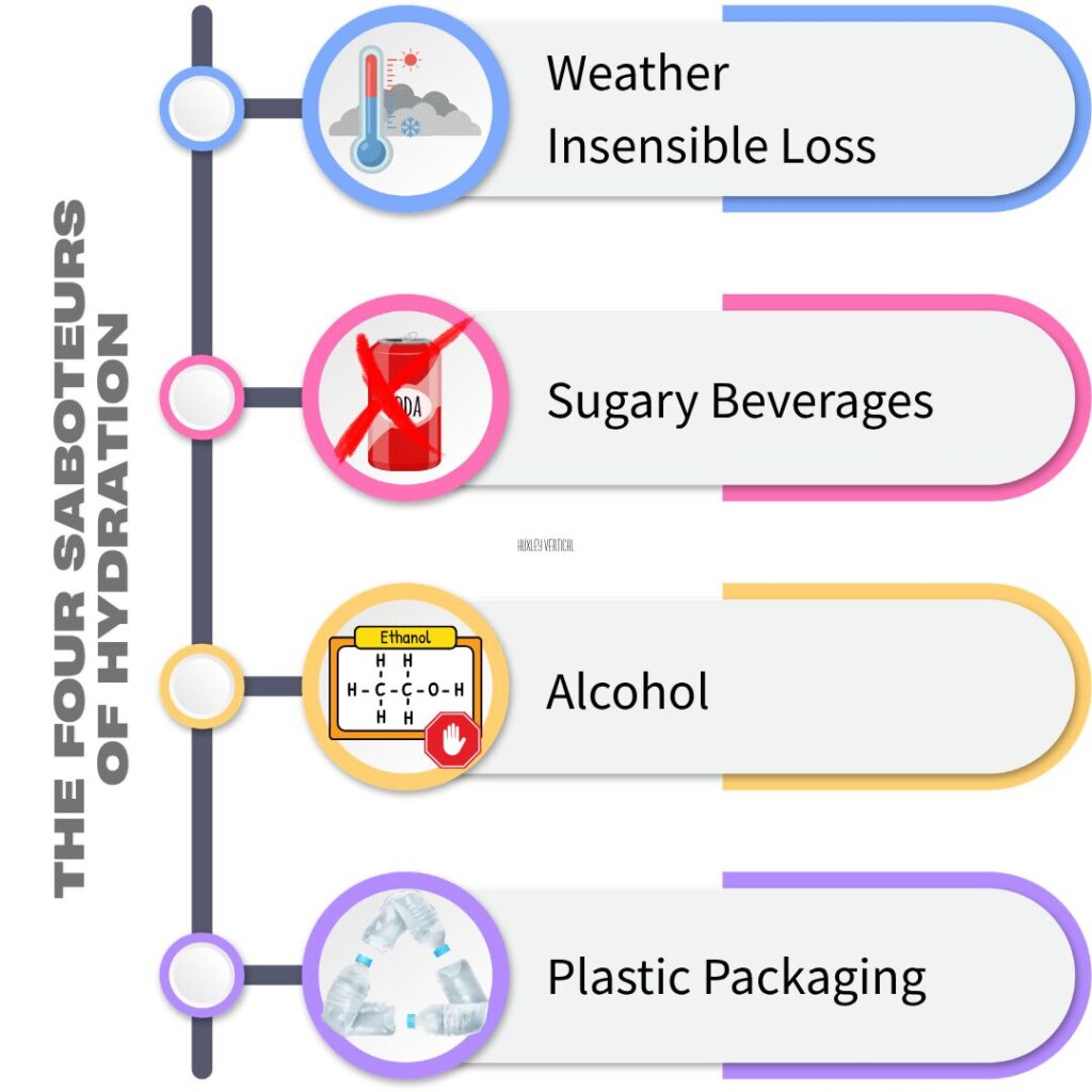 Four-quadrant diagram illustrating the four principal saboteurs of cellular hydration: atmospheric insensible water loss in hot and cold environments, hypertonic sugary beverages competing osmotically for gut water, ethanol disrupting electrolyte hydration layers and ion-channel function, and PET plastic packaging leaching microplastics and endocrine disruptors into water