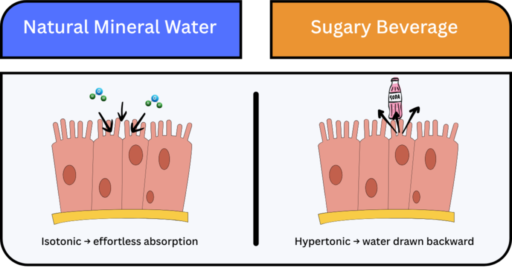 Side-by-side diagram comparing osmosis at the intestinal wall: natural isotonic mineral water showing water moving inward into systemic circulation, versus hypertonic sugary beverage showing osmotic reversal where the concentrated sugar solution draws water from surrounding intestinal tissues back into the gut lumen