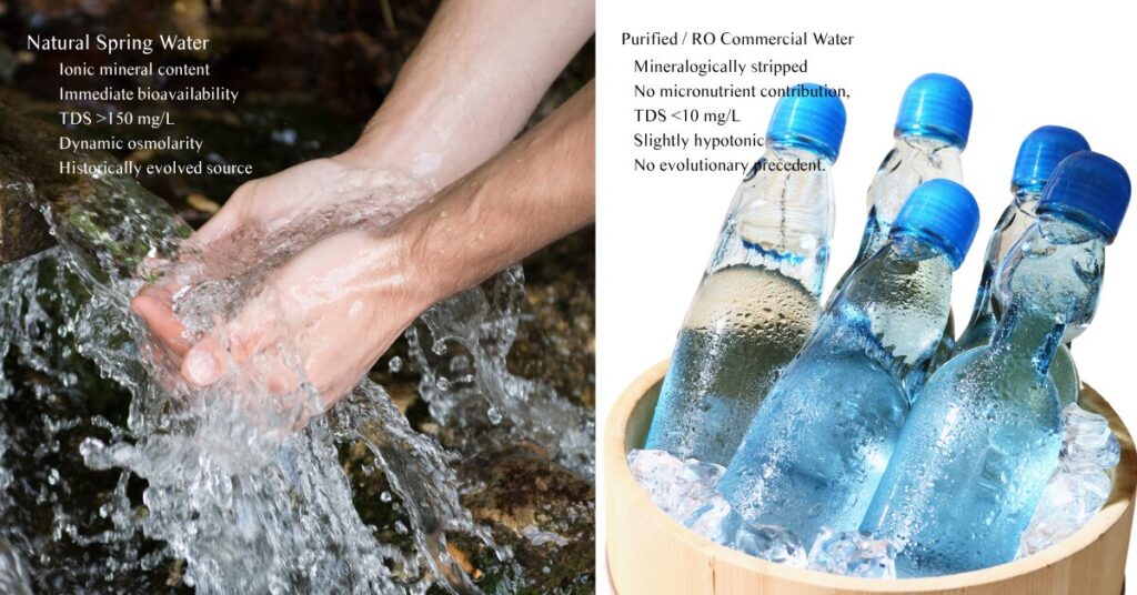 Comparison table contrasting natural spring mineral water against reverse osmosis purified commercial water across dimensions of mineral content, bioavailability, total dissolved solids, osmolarity, and nutritional contribution to daily micronutrient intake