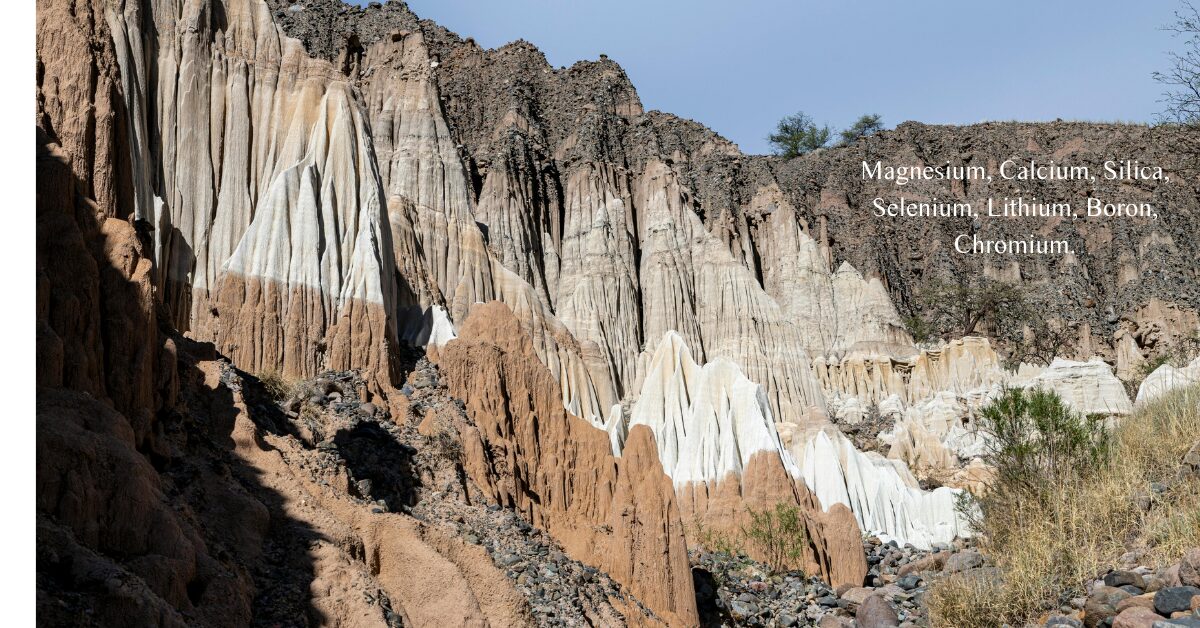 Geological cross-section diagram showing groundwater migrating through limestone, granite, and volcanic basalt layers, dissolving ionic minerals including magnesium, calcium, silica, selenium, and lithium — illustrating why natural spring water is a mineral solution, not pure H₂O