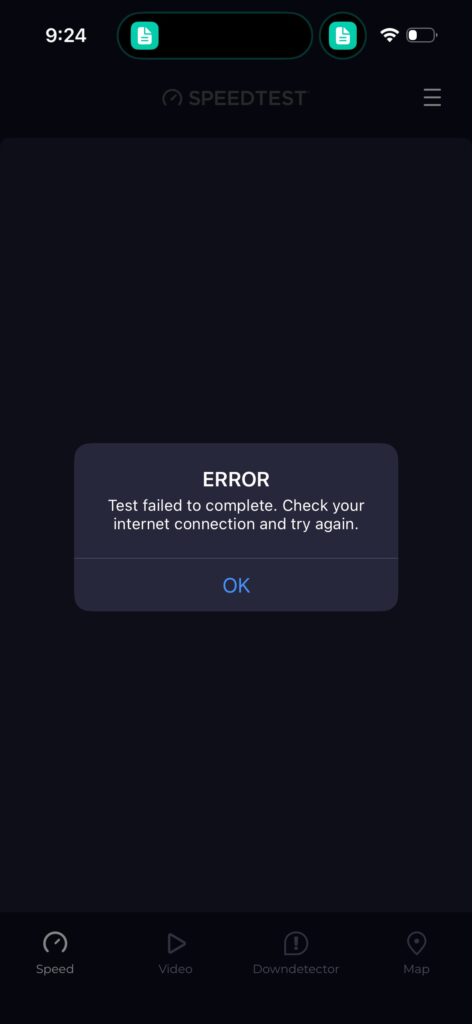 Speedtest app error showing failed internet test at JW Marriott in Bangalore.