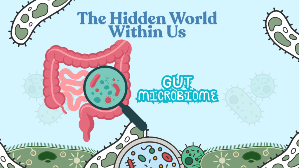 Illustration of the human colon and gut bacteria under magnification, representing the hidden microbial ecosystem of the gut microbiome.