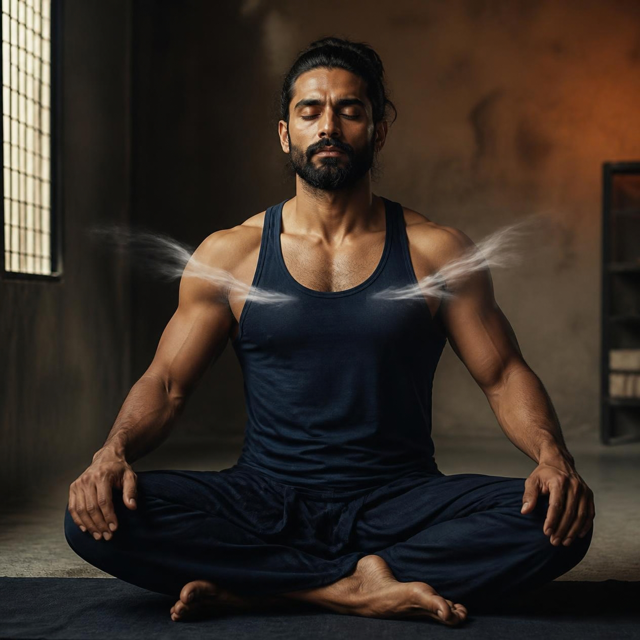 Strong, peaceful human figure representing the connection between body, mind and soul