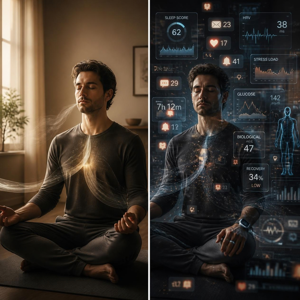 Contrast between a person quietly sensing their body and a person surrounded by health data