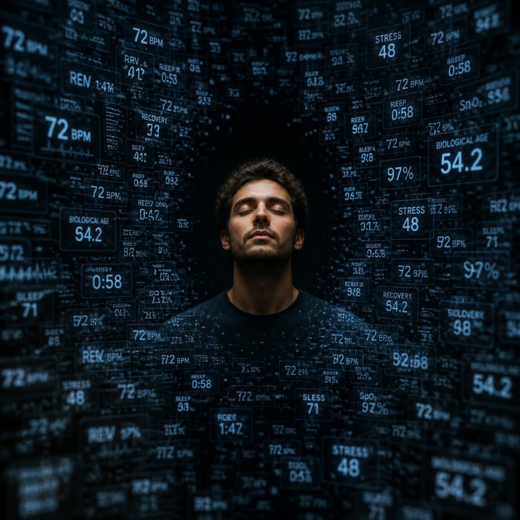 THE QUANTIFIED HUMAN WHO FORGOT HOW TO FEEL 2 Human figure surrounded by digital health measurements and sleep data