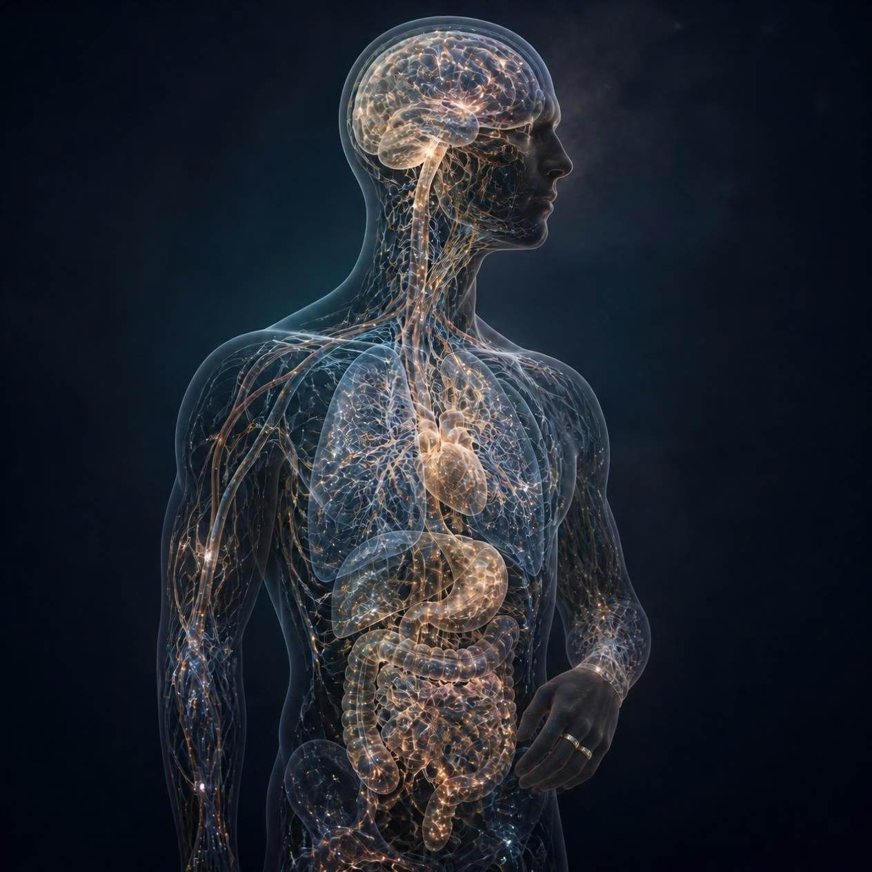 Human figure illustrating interconnected signals and regulatory systems throughout the body