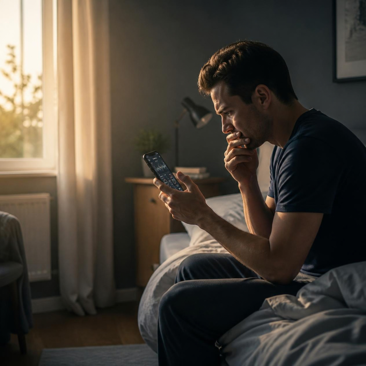 Person checking a sleep score on a phone immediately after waking