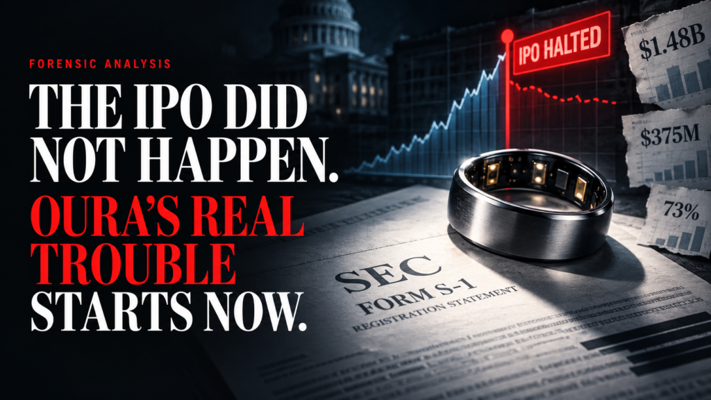 The IPO Did Not Happen. OURA’S Real Trouble Starts Now 1 Oura smart ring resting on an SEC Form S-1 beside a halted IPO chart, highlighting $1.48 billion in share repurchases, $375 million in debt and 73% shareholder sales.